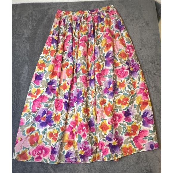 Vintage Maggy London 100% Silk Skirt White Pink Purple Midi Pleated Vintage Sz 8 - Picture 1 of 12